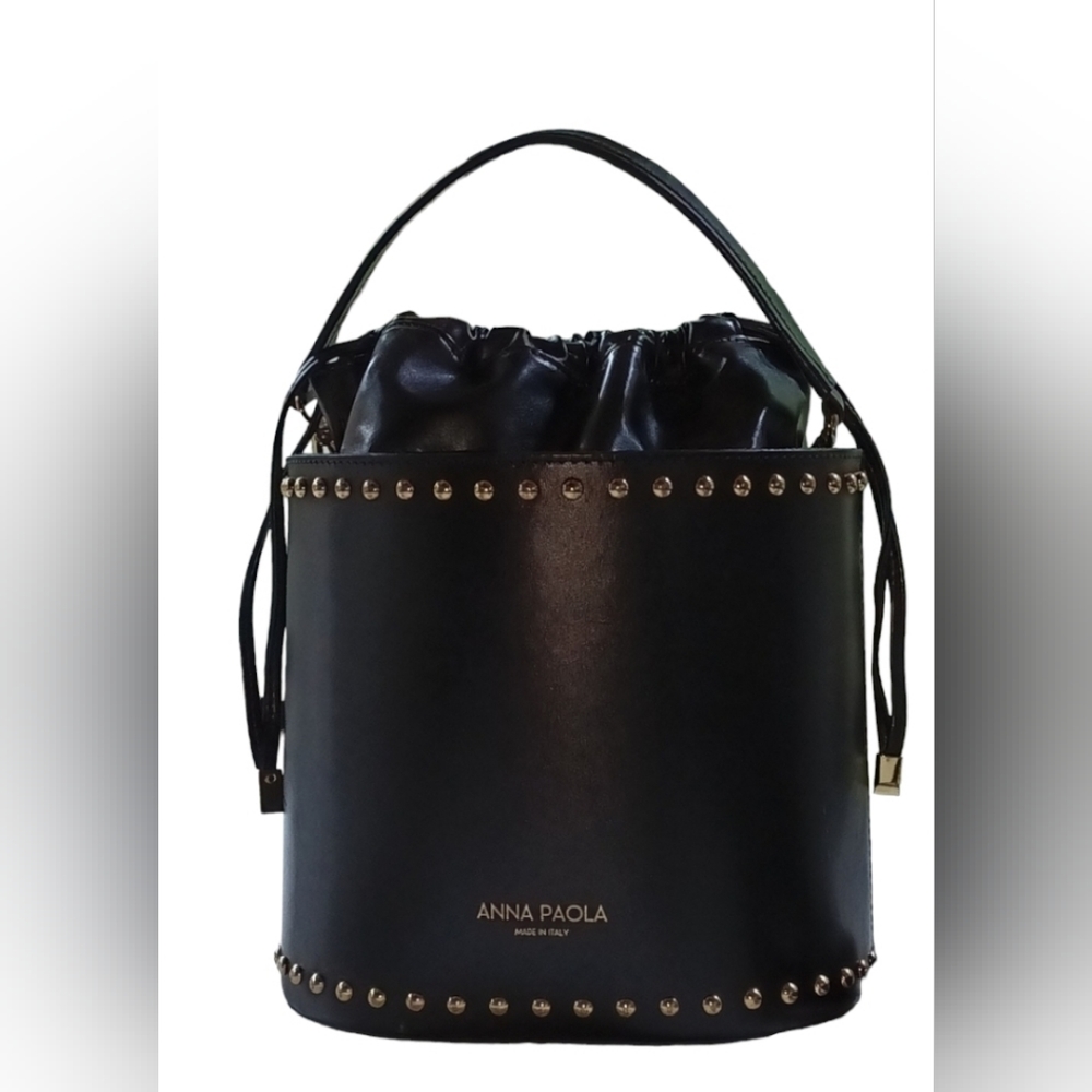 Italian leather ANNA PAOLA bucket bag Black with gold studding